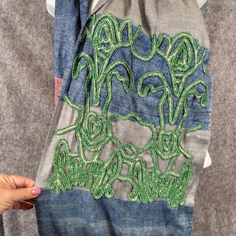 Noonday Collection Silk Scarf Handwoven Beaded Boho Blue Grey Artisan Festival